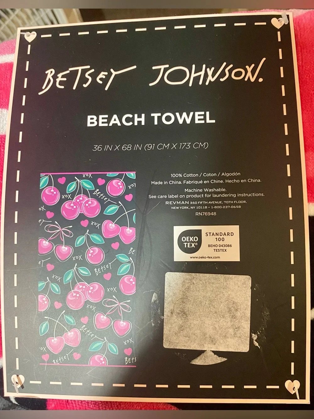 Betsey Johnson XOX Hot Pink Cherries Hearts & Bows XL Black Beach Towel